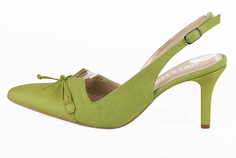 Pistachio green women's open back shoes, with a knot. Tapered toe. High slim heel. Profile view - Florence KOOIJMAN